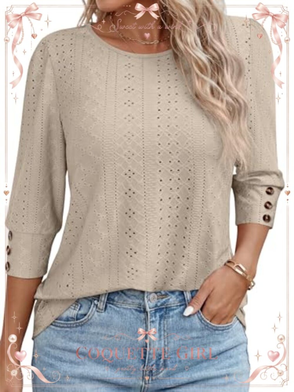Womens Blouses 3/4 Sleeve Button Down Crew Neck Loose Fit Casual